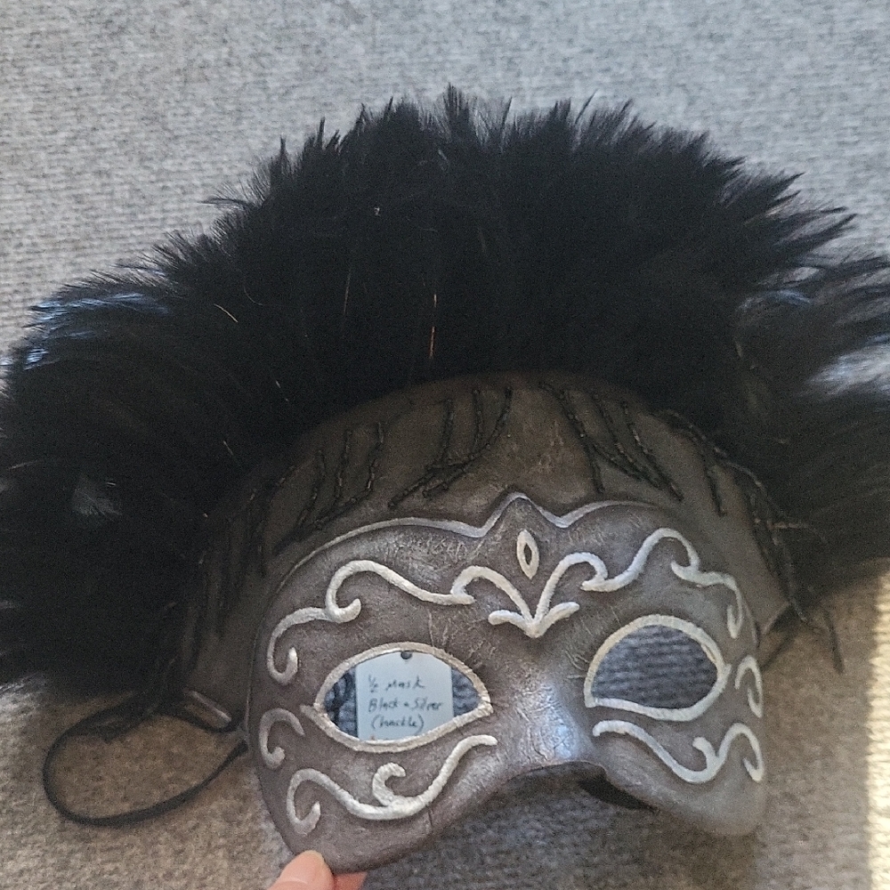 Black and Silver Feathered Masquerade Mask